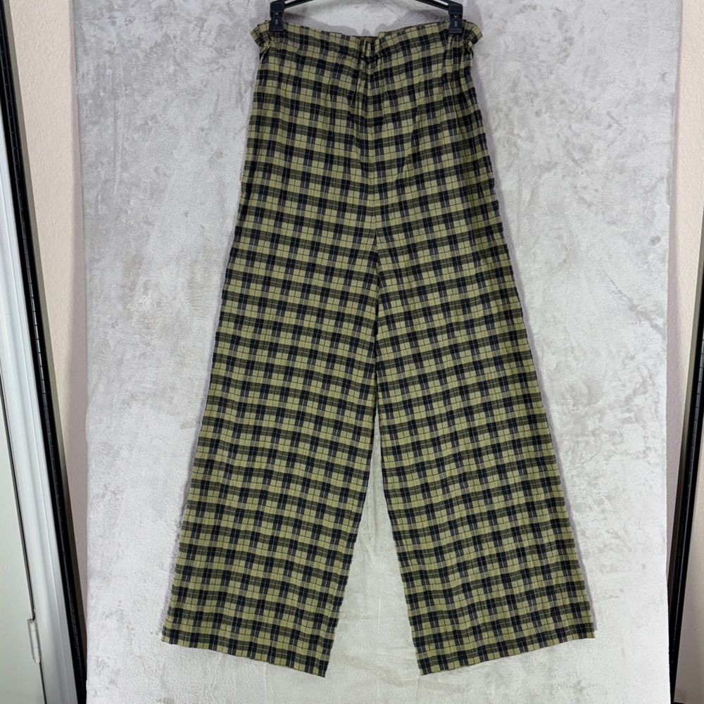 NWT--Ganni Plaid Wide Leg Seersucker Pants in Olive Green & Black Size 34=XS=US2 - Picture 4 of 11